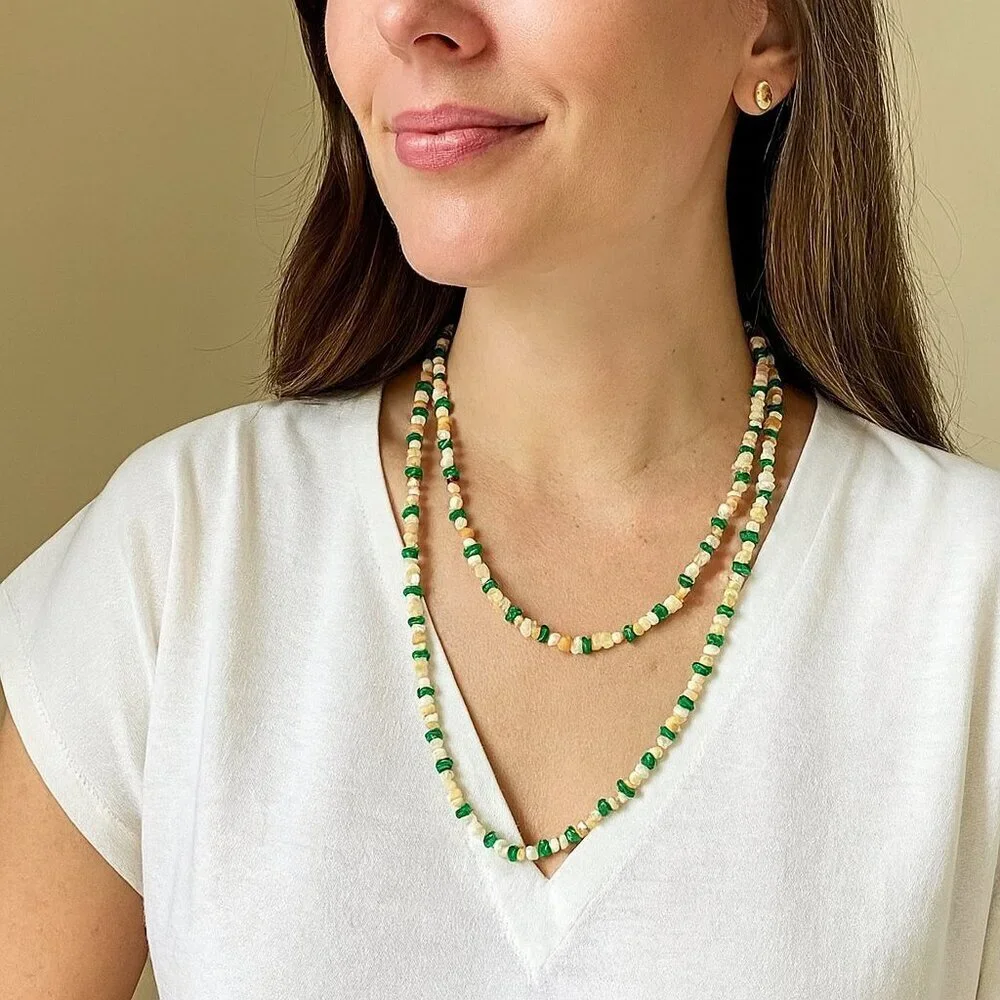 Vintage Multi Gemstone Necklace – Malachite, Coral & Mother of Pearl Chip Beads